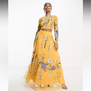 ASOS lehenga crop top and skirt in wisteria embroidery in mustard